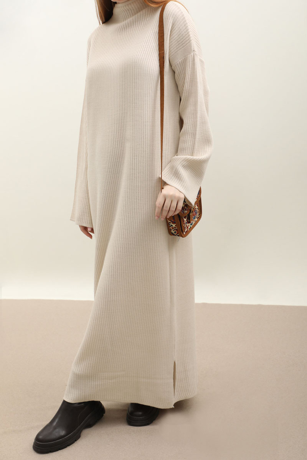 Dik Yaka Triko Elbise Taş - 3