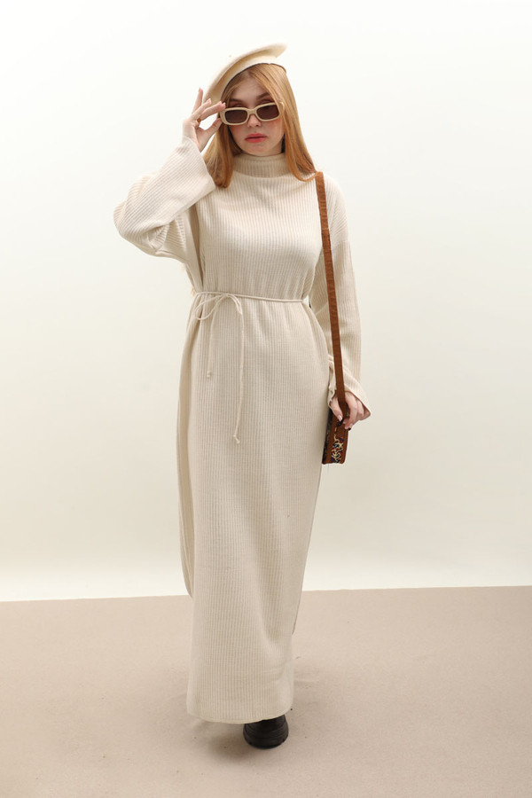 Dik Yaka Triko Elbise Taş - 5