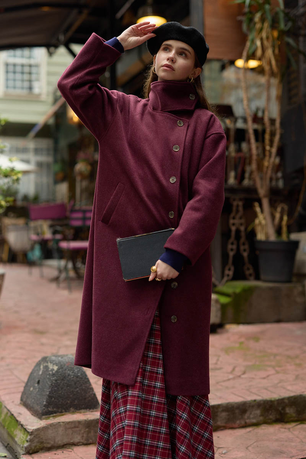 Dik Yaka Yünlü Kaban Bordo - 5