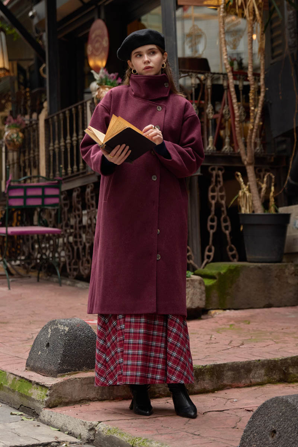 Dik Yaka Yünlü Kaban Bordo - 11