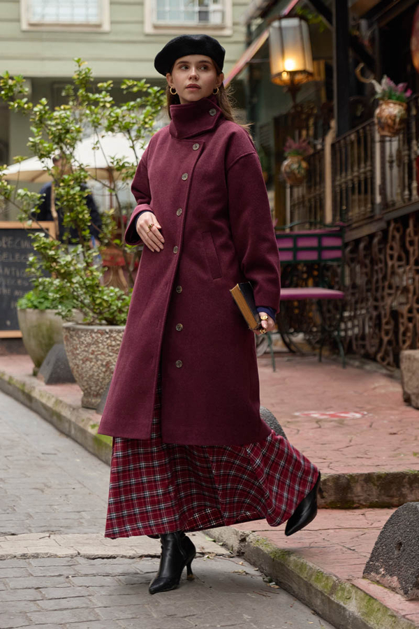 Dik Yaka Yünlü Kaban Bordo - 2