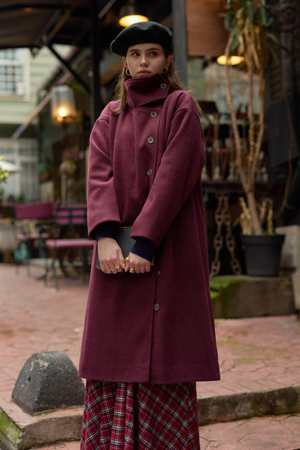 Dik Yaka Yünlü Kaban Bordo - 4