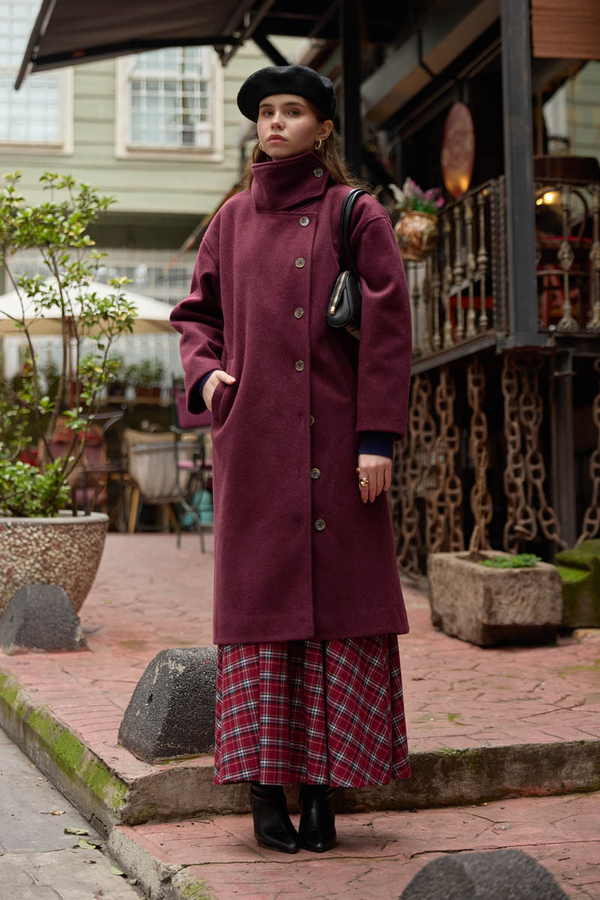 Dik Yaka Yünlü Kaban Bordo - 10