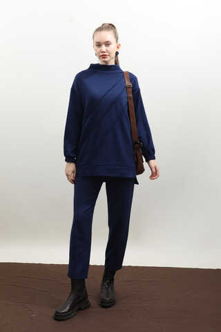 Dikiş Çizgili Sweat Takım Saks Mavisi - 1