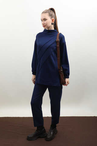 Dikiş Çizgili Sweat Takım Saks Mavisi - 2