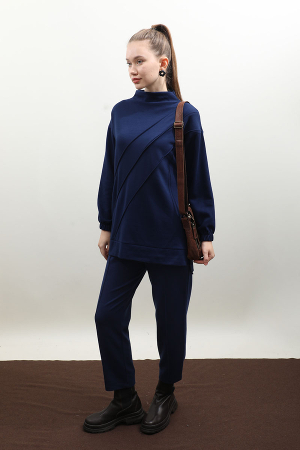 Dikiş Çizgili Sweat Takım Saks Mavisi - 2