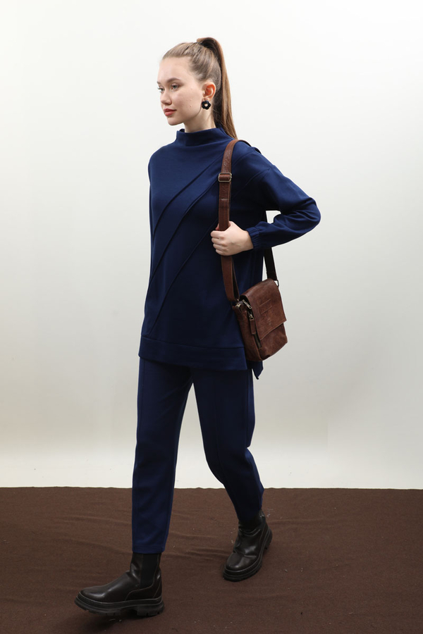 Dikiş Çizgili Sweat Takım Saks Mavisi - 3