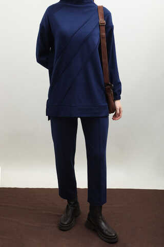 Dikiş Çizgili Sweat Takım Saks Mavisi - 4