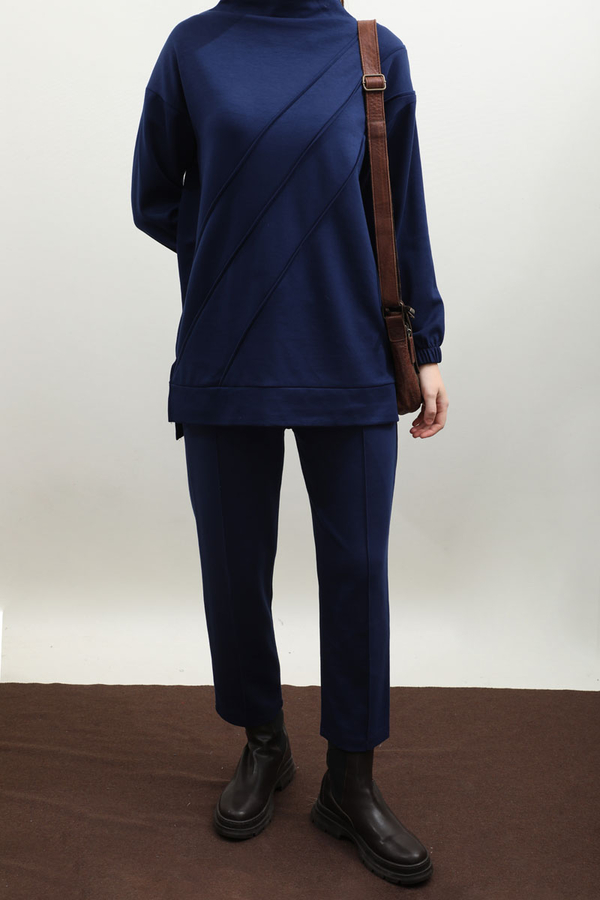 Dikiş Çizgili Sweat Takım Saks Mavisi - 4