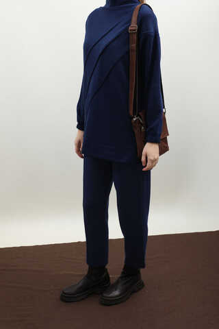 Dikiş Çizgili Sweat Takım Saks Mavisi - 5