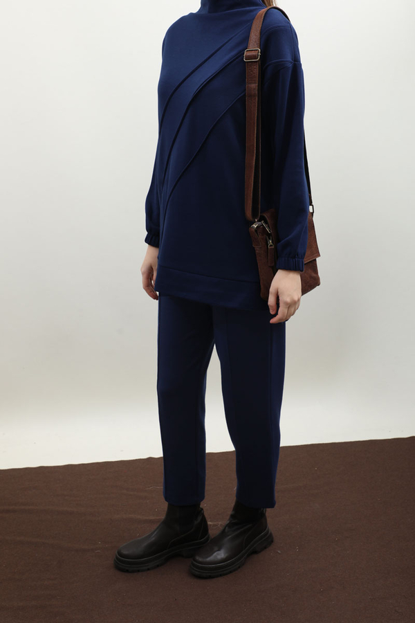 Dikiş Çizgili Sweat Takım Saks Mavisi - 5