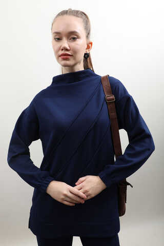 Dikiş Çizgili Sweat Takım Saks Mavisi - 6