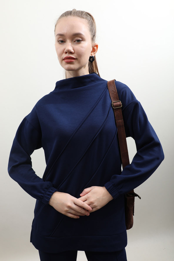 Dikiş Çizgili Sweat Takım Saks Mavisi - 6