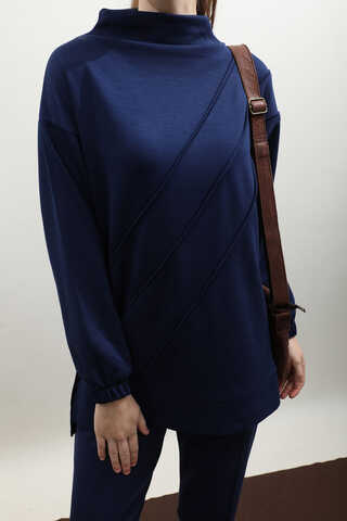 Dikiş Çizgili Sweat Takım Saks Mavisi - 7