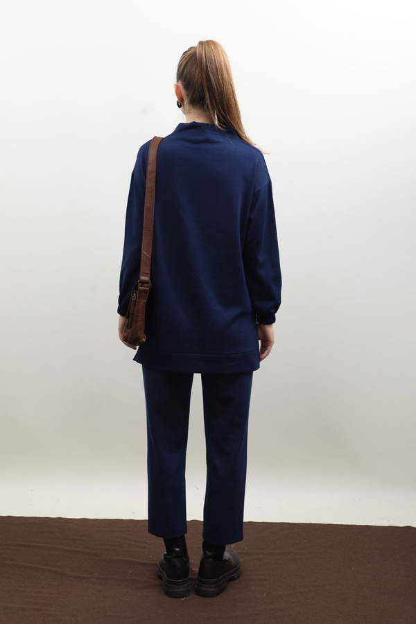 Dikiş Çizgili Sweat Takım Saks Mavisi - 8