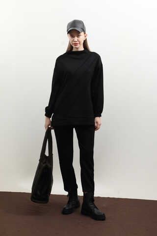 Dikiş Çizgili Sweat Takım Siyah - 1