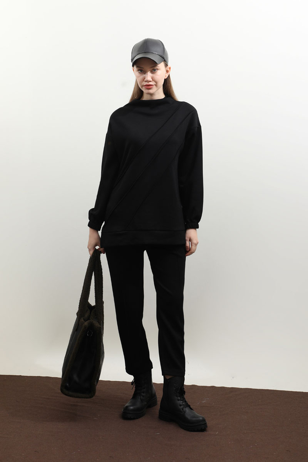 Dikiş Çizgili Sweat Takım Siyah - 1