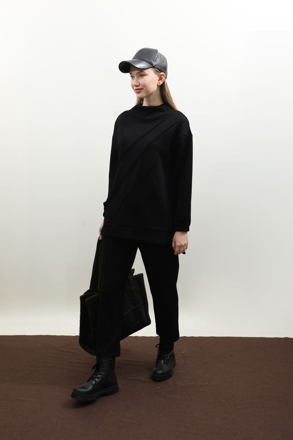 Dikiş Çizgili Sweat Takım Siyah - 2