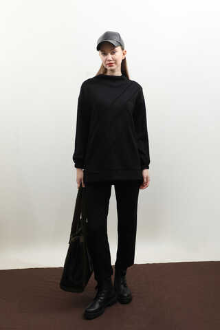 Dikiş Çizgili Sweat Takım Siyah - 3