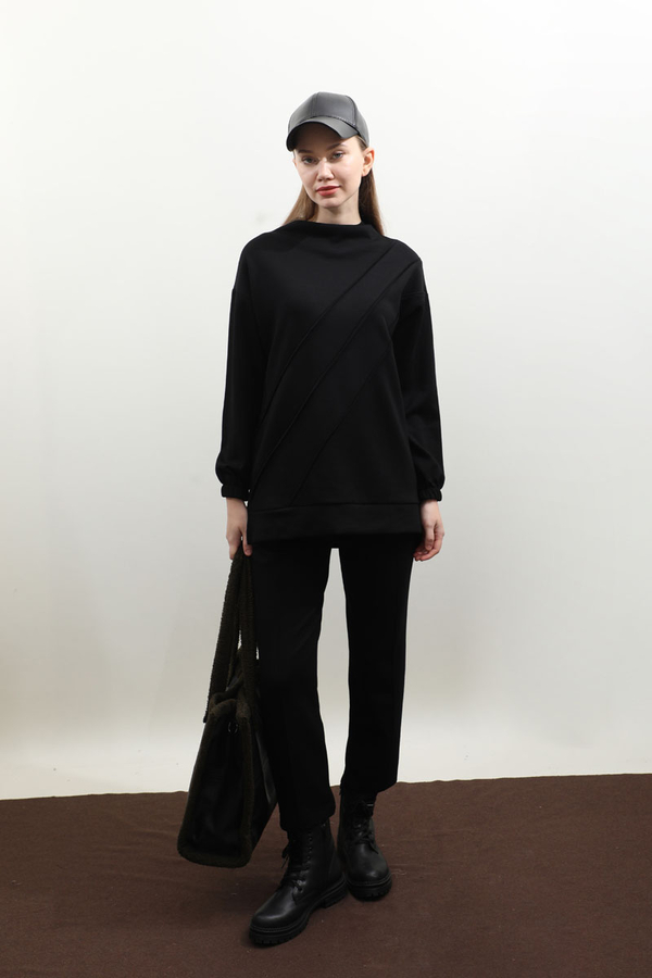 Dikiş Çizgili Sweat Takım Siyah - 3