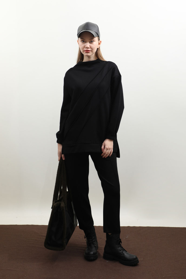 Dikiş Çizgili Sweat Takım Siyah - 4