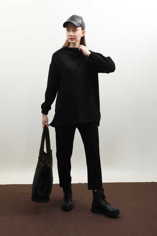 Dikiş Çizgili Sweat Takım Siyah - 5