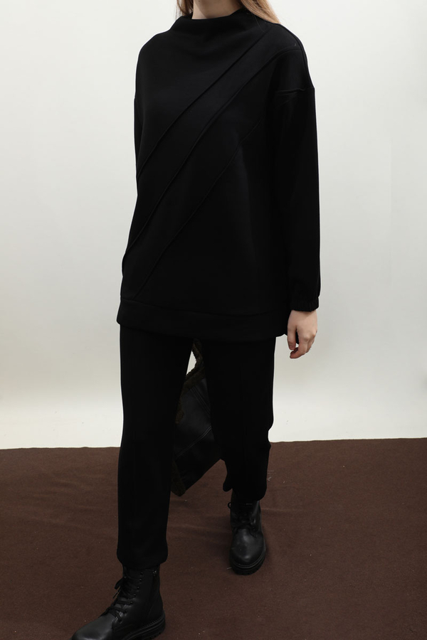 Dikiş Çizgili Sweat Takım Siyah - 6