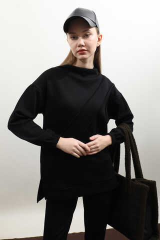 Dikiş Çizgili Sweat Takım Siyah - 7