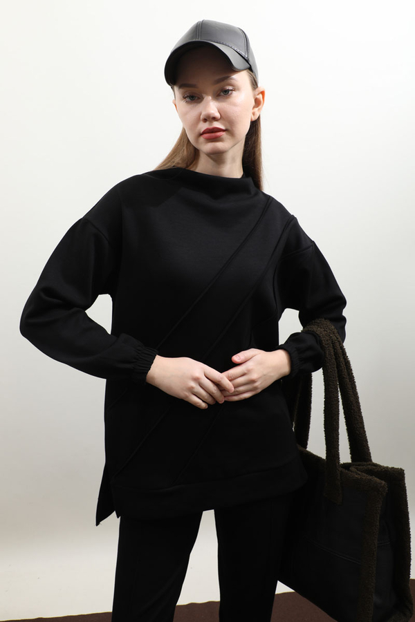 Dikiş Çizgili Sweat Takım Siyah - 7