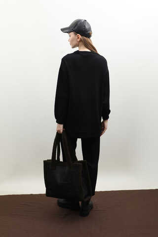 Dikiş Çizgili Sweat Takım Siyah - 8