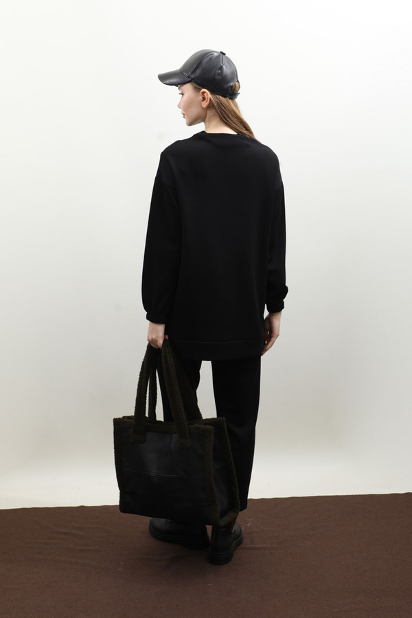 Dikiş Çizgili Sweat Takım Siyah - 8