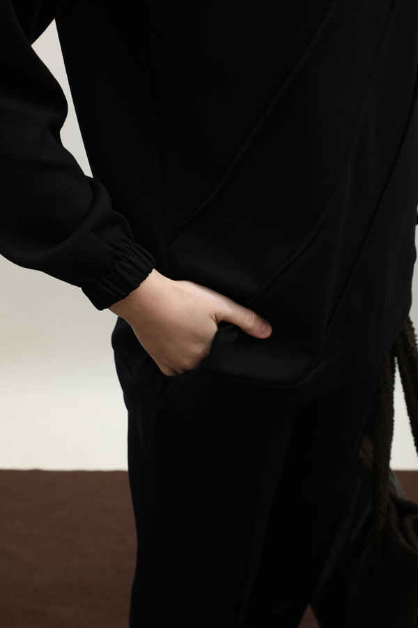 Dikiş Çizgili Sweat Takım Siyah - 9