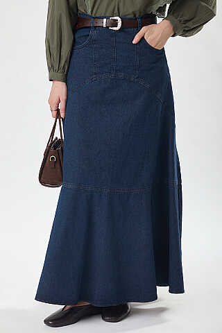 Dikiş Detaylı Denim Etek Koyu Mavi - 4