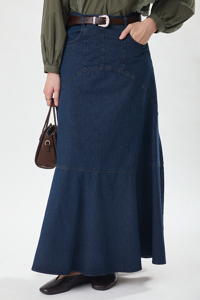 Dikiş Detaylı Denim Etek Koyu Mavi - 4