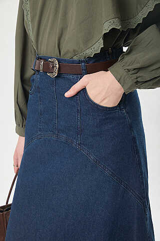 Dikiş Detaylı Denim Etek Koyu Mavi - 3