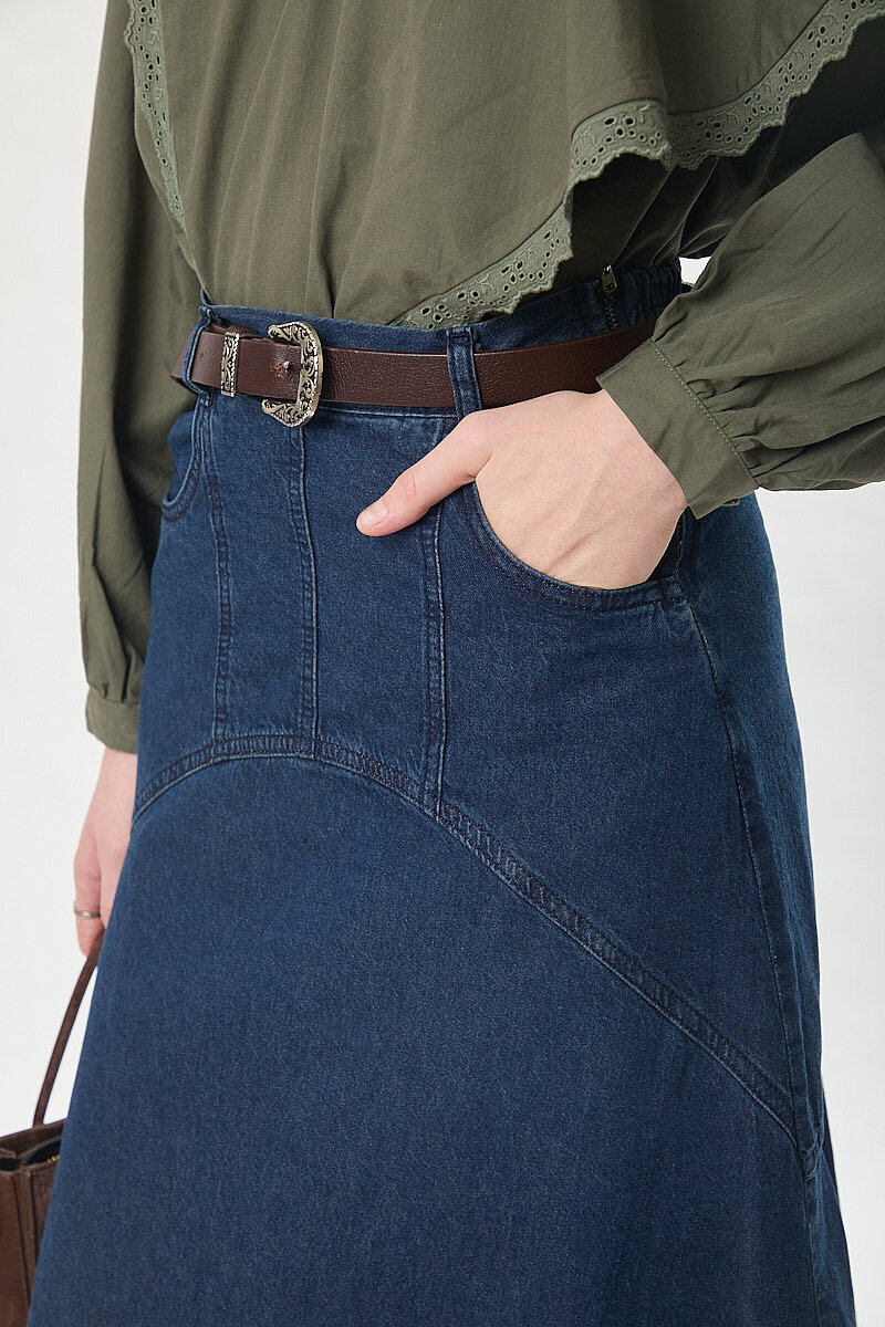 Dikiş Detaylı Denim Etek Koyu Mavi - 3