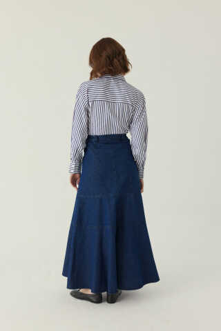 Dikiş Detaylı Denim Etek Mavi - 4