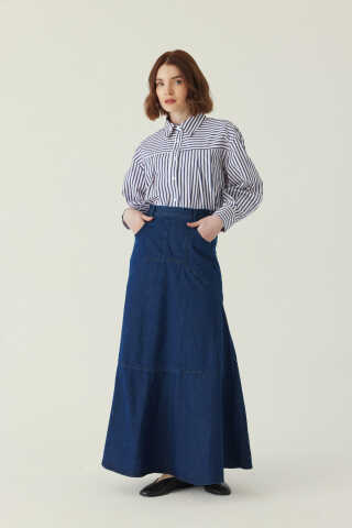 Dikiş Detaylı Denim Etek Mavi - 2