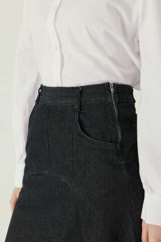 Dikiş Detaylı Denim Etek Siyah - 2