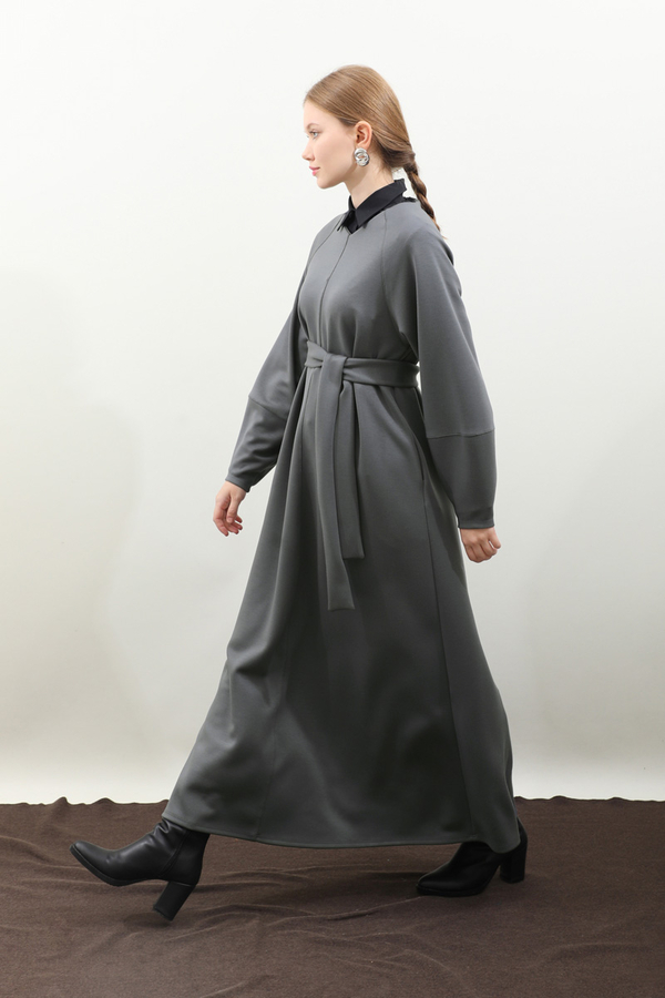 Dikiş Detaylı Elbise Antrasit - 17