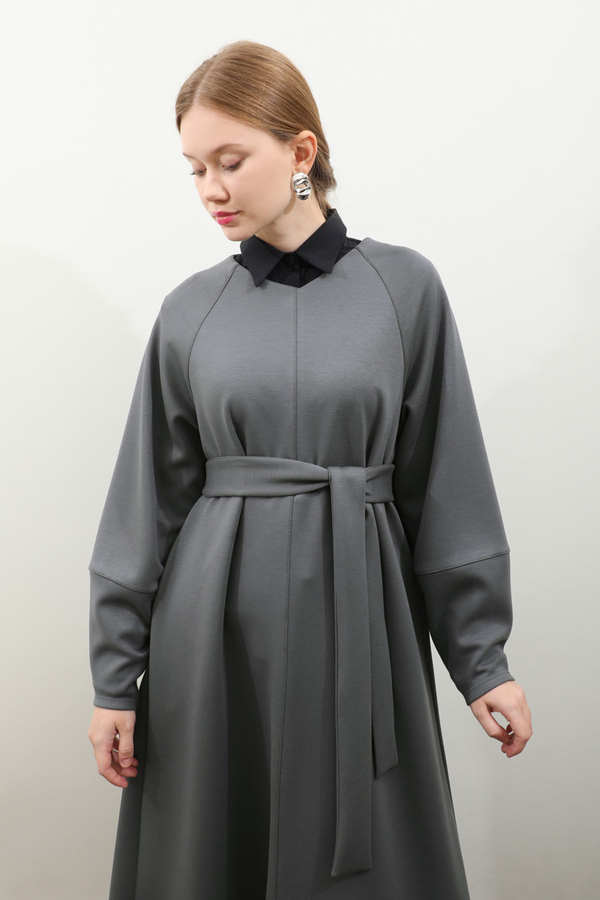 Dikiş Detaylı Elbise Antrasit - 18