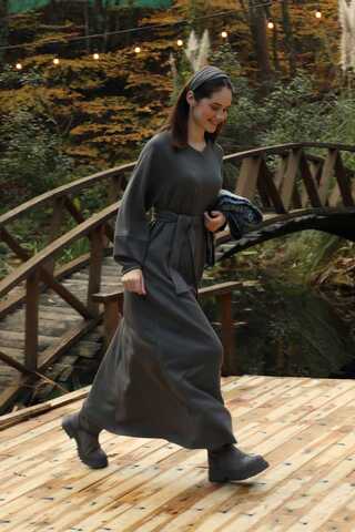 Dikiş Detaylı Elbise Antrasit - 5