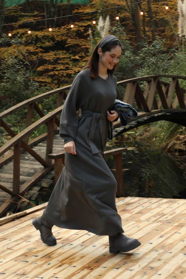 Dikiş Detaylı Elbise Antrasit - 5