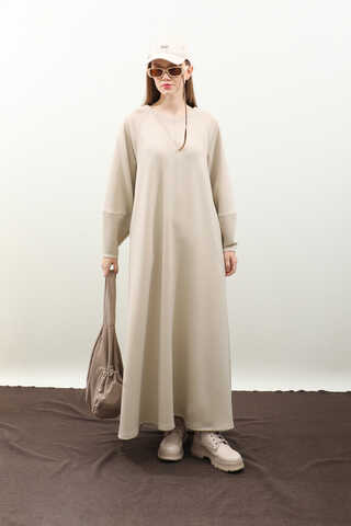 Dikiş Detaylı Elbise Krem - 3