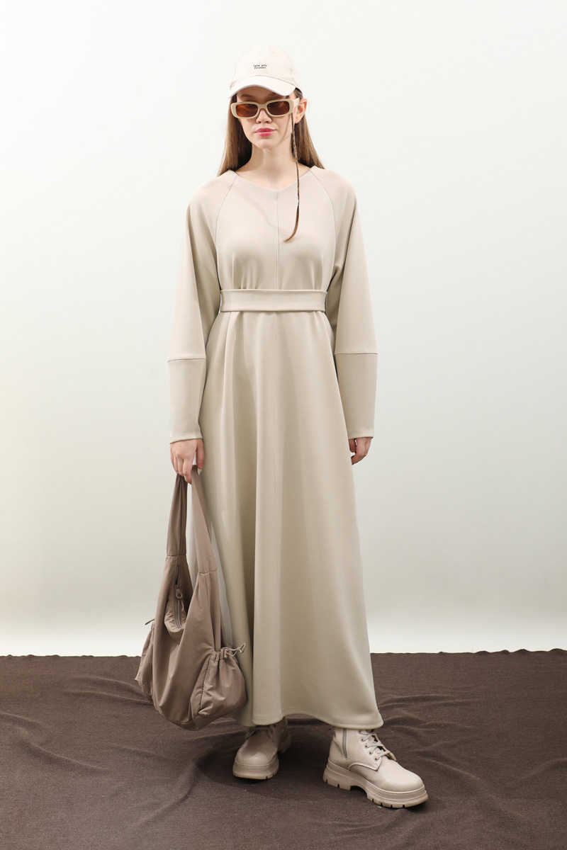 Dikiş Detaylı Elbise Krem