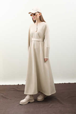 Dikiş Detaylı Elbise Krem - 5