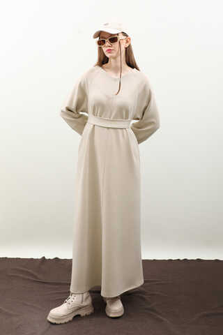 Dikiş Detaylı Elbise Krem - 6