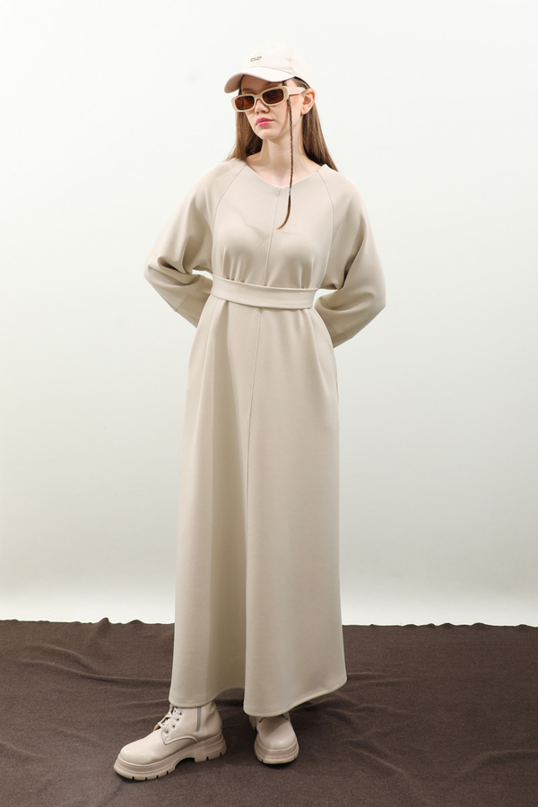 Dikiş Detaylı Elbise Krem - 6