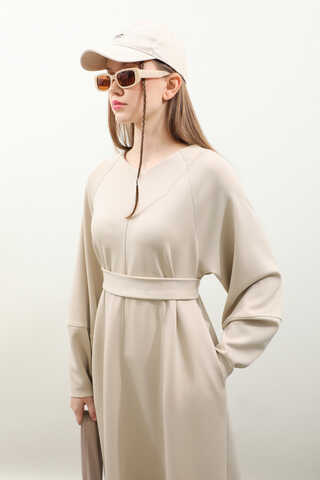 Dikiş Detaylı Elbise Krem - 8