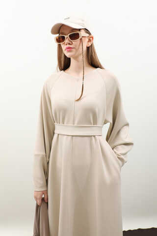 Dikiş Detaylı Elbise Krem - 9